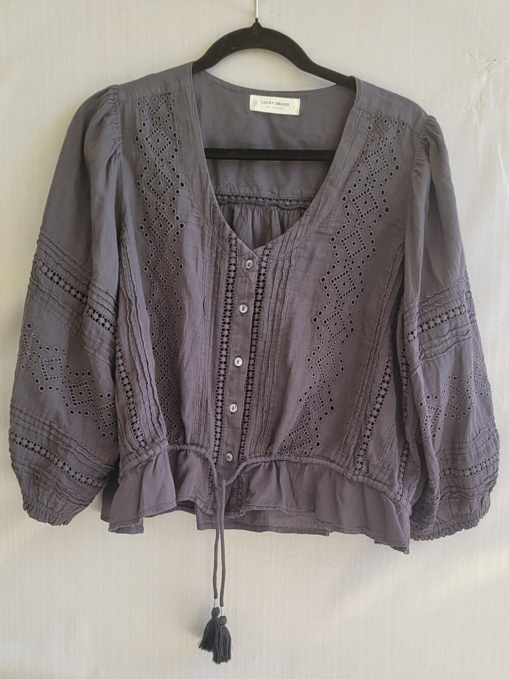 Women's Large Lucky Brand  Blouse Gray Casual Vintage Boho Style
